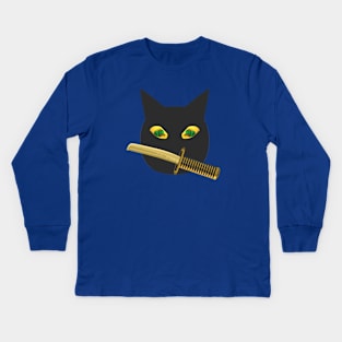 Halloween Ninja Cat. Black Cat with Jack o Lantern Eyes and Sword. (Orange Background) Kids Long Sleeve T-Shirt